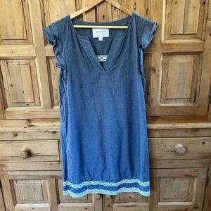 Amour Vert Sz Medium Blue Dress Lace Trim Organic Cotton Chambray V-Neck Ruffle
